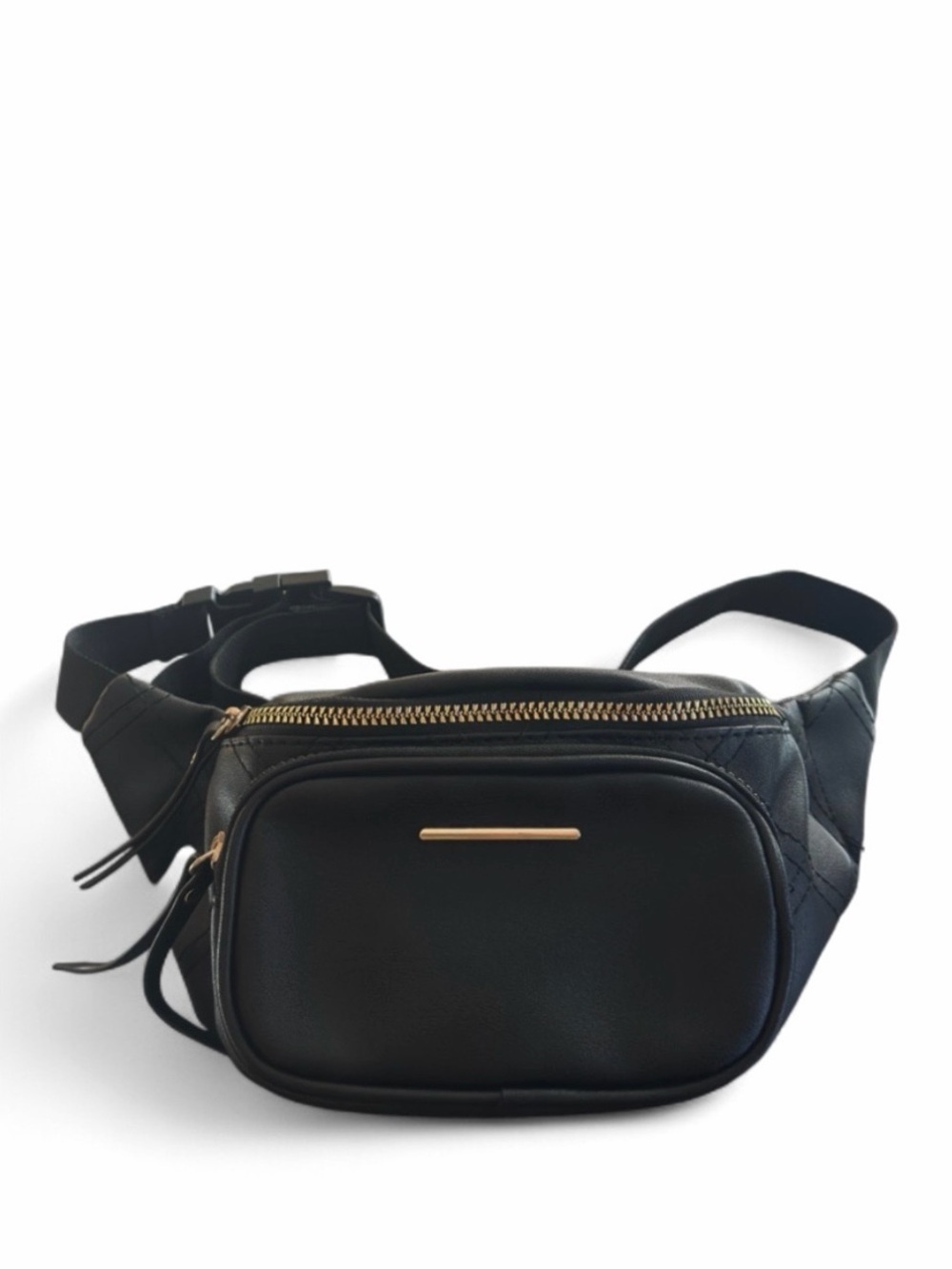 Black Fannypack Faux Leather Belt Bag with Gold Accents
